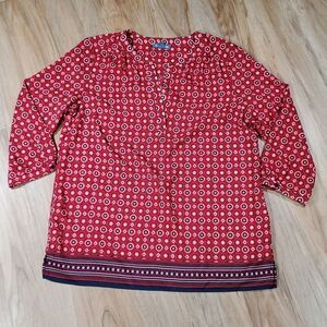 🔺️Fleur Bleue Red & Blue Print Popover 3/4 Sleeve Top Medium